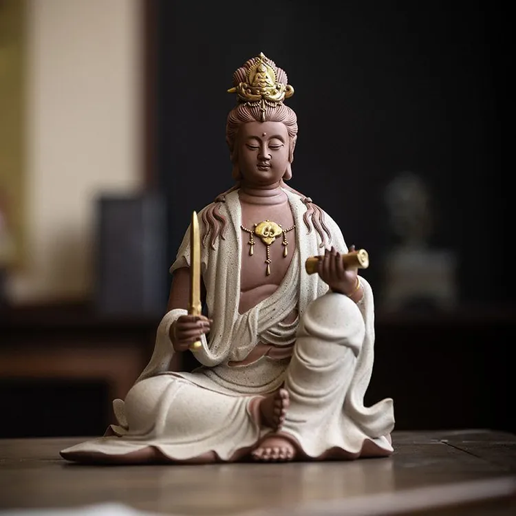 陶瓷文殊普贤菩萨摆件家用观音佛像供奉禅意玄关装饰品工艺品