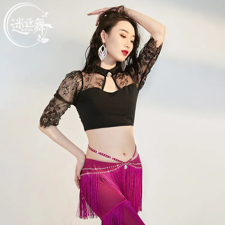 midiewu/迷迭舞原创新款肚皮舞上衣春夏新款蕾丝短袖练功东方舞女