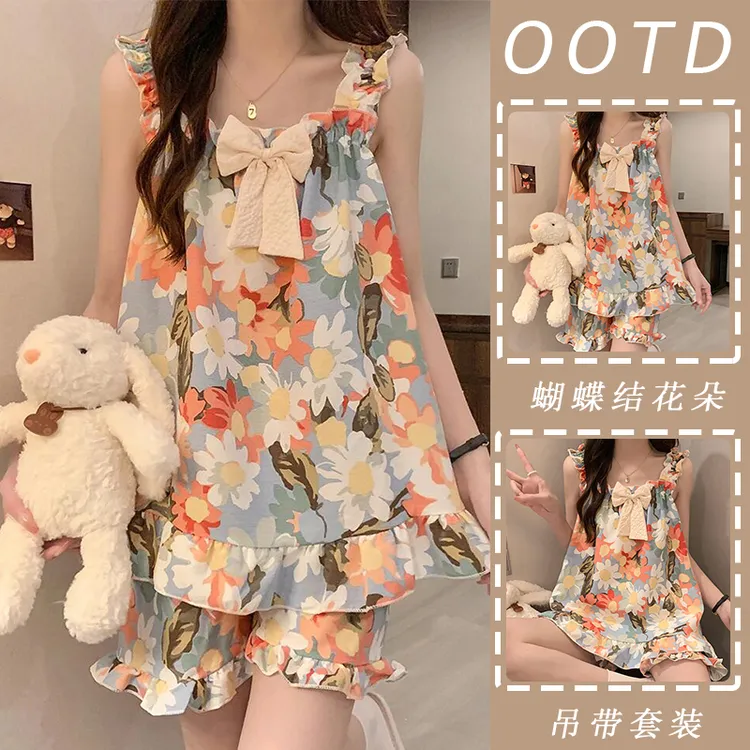 甜美风花朵睡衣女夏季新款蝴蝶结韩版宽松舒适薄款吊带家居服套装
