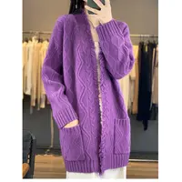 【100%纯羊毛】时尚流苏毛边慵懒小香风百搭中长款宽松针织绞花开衫