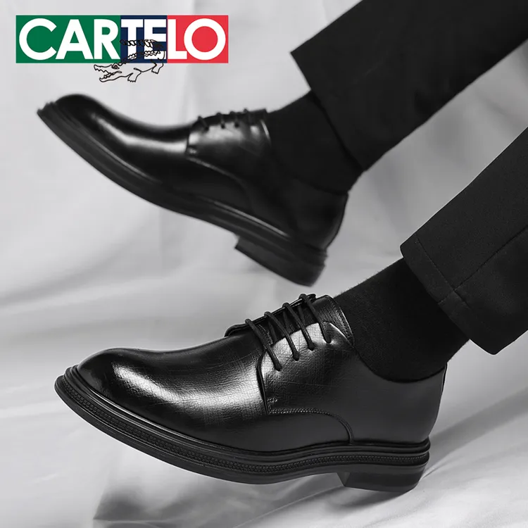 CARTELO/卡帝乐鳄鱼休闲皮鞋男低帮黑色男士商务正装皮鞋结婚鞋男