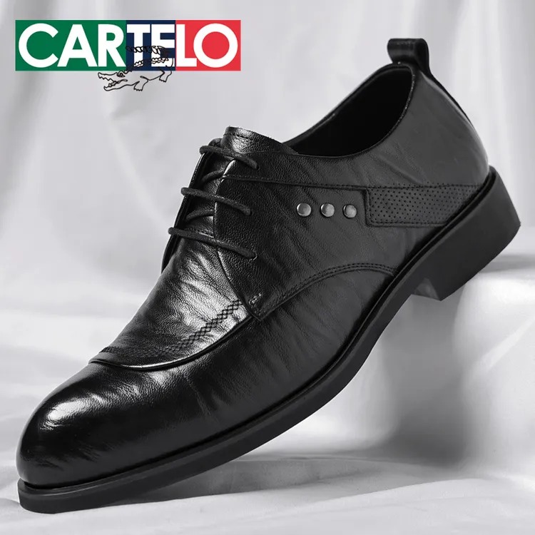 CARTELO/卡帝乐鳄鱼男士皮鞋商务英伦男鞋黑色秋季手抓纹正装皮鞋