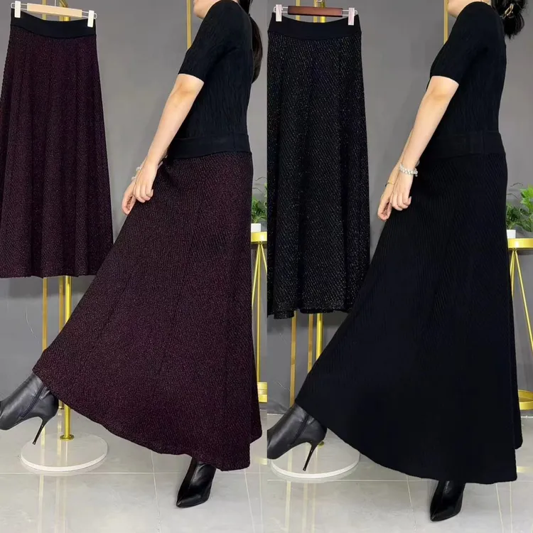 秋冬新款高腰显瘦半身裙松紧腰纯色大摆时尚百搭妈妈气质长裙