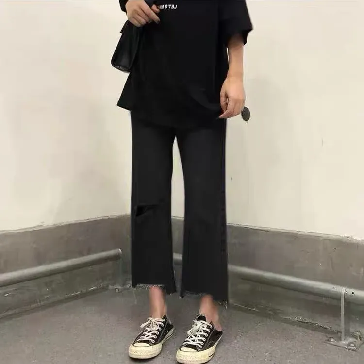 孕妇牛仔裤破洞直筒托腹裤春秋韩版宽松九分阔腿打底裤外穿8123