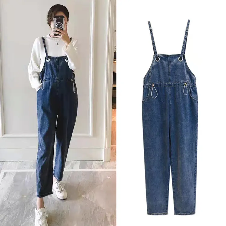 孕妇背带裤春秋款外穿新款孕妇裤时尚直筒裤牛仔裤大码孕妇装8015