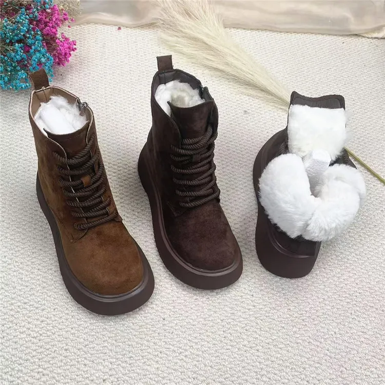 厚底勃肯鞋加绒马丁女鞋子2025新款冬季咖啡色保暖皮毛一体雪地靴