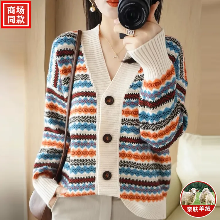 开衫女外搭秋冬新款时尚潮牌羊毛宽松慵懒风条纹毛衣针织外套加厚