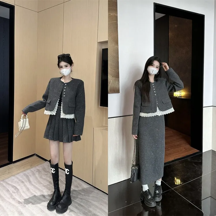 气质小香风两件套大码女装秋冬新款加厚针织裙