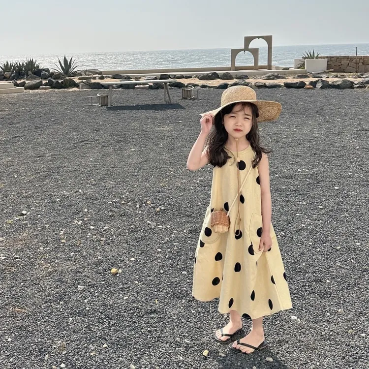 【星月诺】女童夏款新品韩版波点棉质森系长款连衣裙中大童休闲童