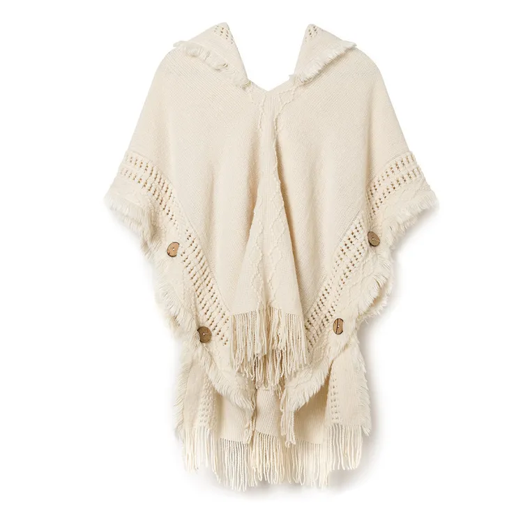 春秋冬女装大码镂空流苏针织衫套头纽扣蝙蝠衫连帽斗篷披肩毛衣女