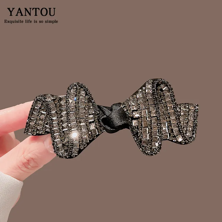 高档轻奢发饰2024新款黑色水晶蝴蝶结发夹后脑勺弹簧夹子成人发卡
