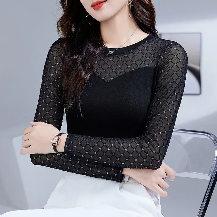 秋冬新款格纹拼接长袖打底衫女时尚棉T恤女修身显瘦弹力女上衣