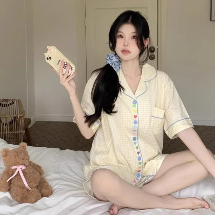 夏季睡衣女套装小香风宽松甜美少女夏天睡衣女学生格子短裤家居服