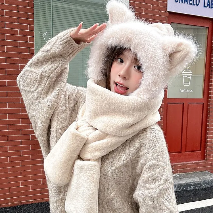 可爱帽子围巾手套三合一冬季防寒保暖加厚毛绒护脸连帽围脖三件套