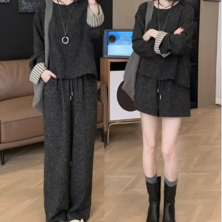 一整套早春穿搭2025女装圆领上衣阔腿裤两件套小香风休闲时尚套装