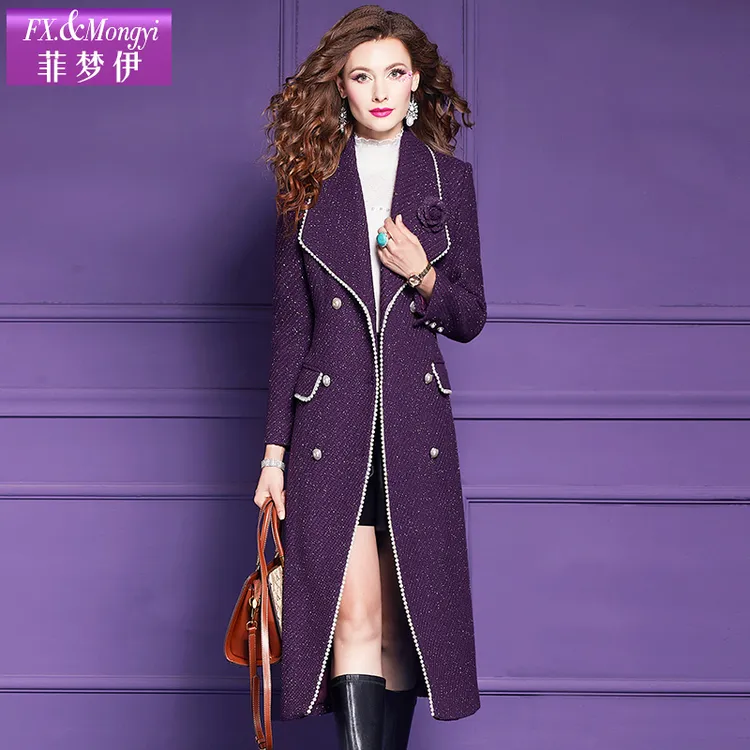 菲梦伊新款绵羊毛外套时尚小香风气质修身中长款大衣61171