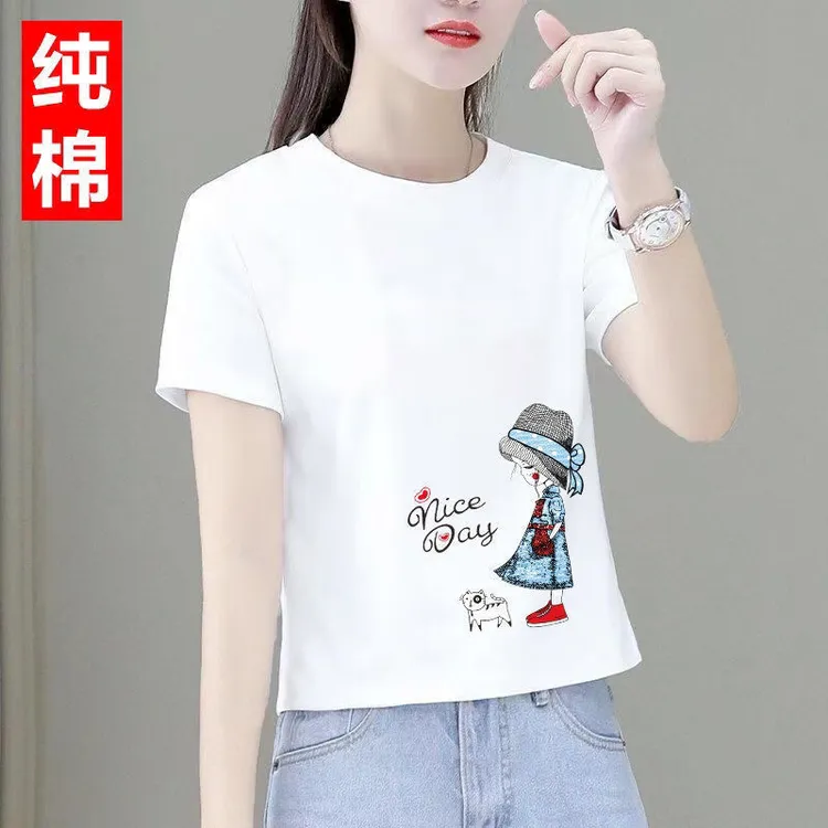 100%纯棉新款夏季2025短袖t恤女士上衣韩版宽松洋气百搭小个子潮