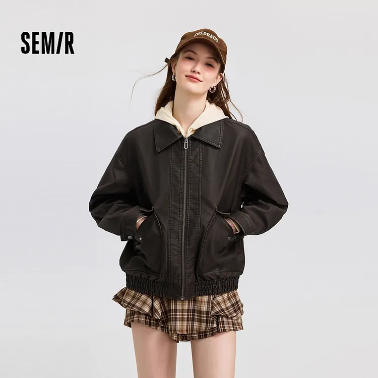 【商场同款】森马外套女夹棉宽松冬季新款PU仿皮夹克复古Vintage