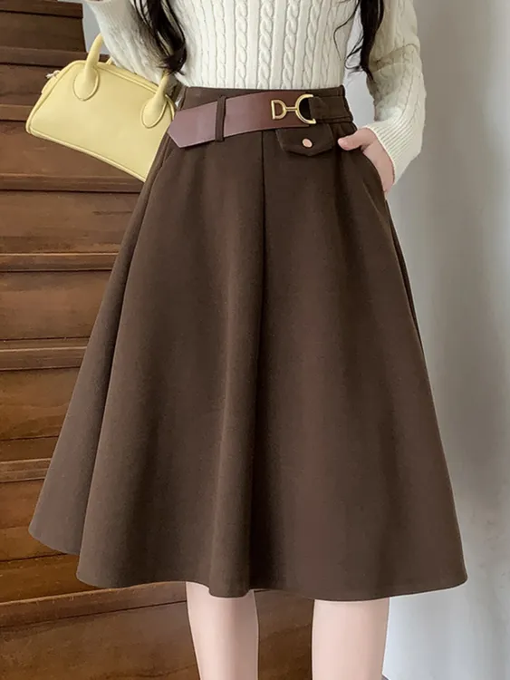 赫本风伞裙咖色毛呢半身裙女秋冬新款中裙到膝盖高腰a字气质裙子