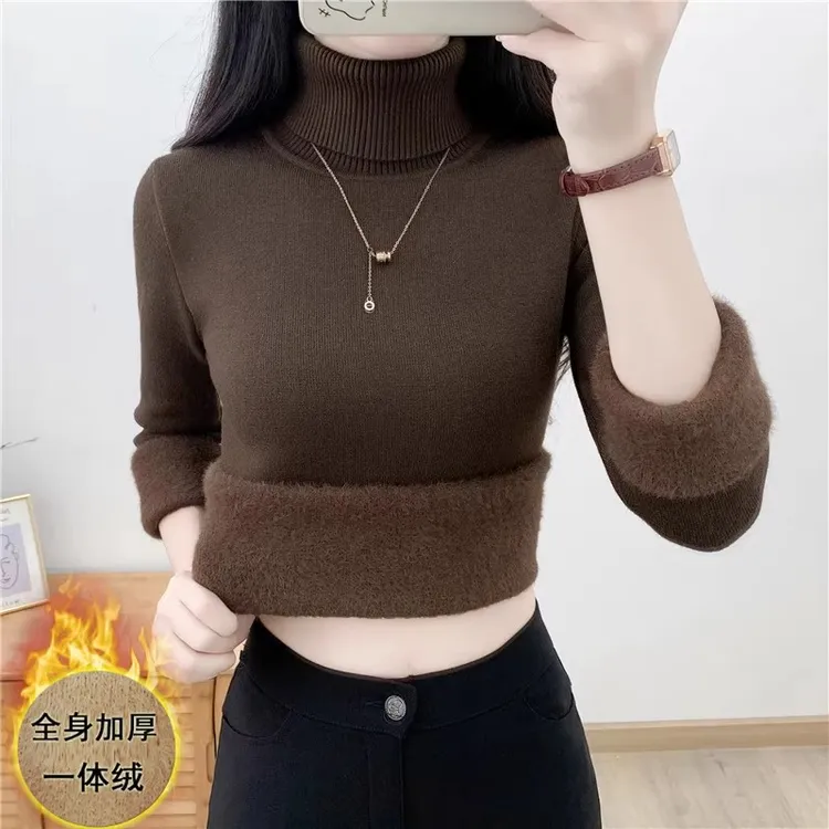 一体绒高领加绒毛衣女加厚修身秋冬内搭套头针织衫保暖打底衫上衣