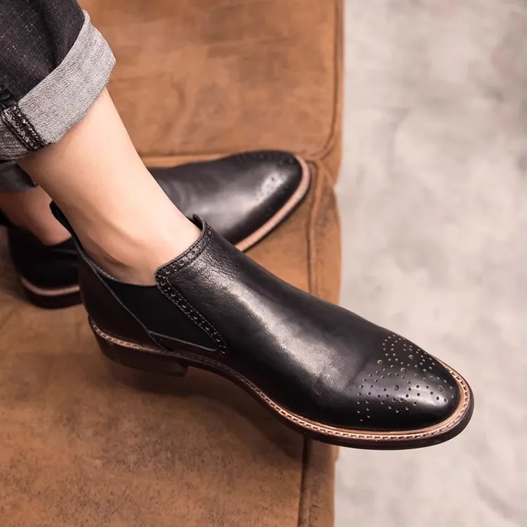 切尔西靴男高帮鞋真皮新款爆款马丁靴英伦风布洛克雕花靴子男皮鞋