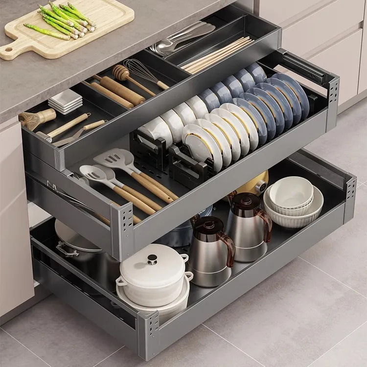 拉篮厨房橱柜三层抽屉式碗篮太空铝调味料抽拉碗柜碗碟架收纳柜子