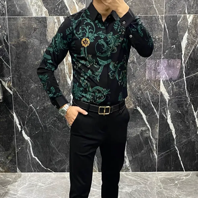 2061欧品男装2024秋季男士时尚数码印花长袖修身衬衫个性百搭