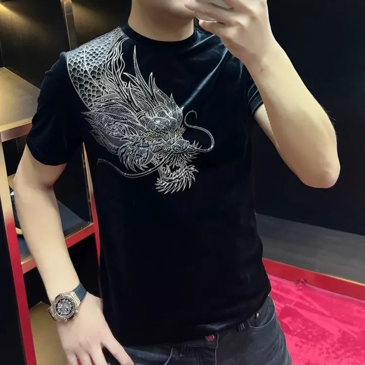 6220秋冬款男欧货过肩龙烫钻圆领丝绒打底衫韩版时尚休闲t恤潮流