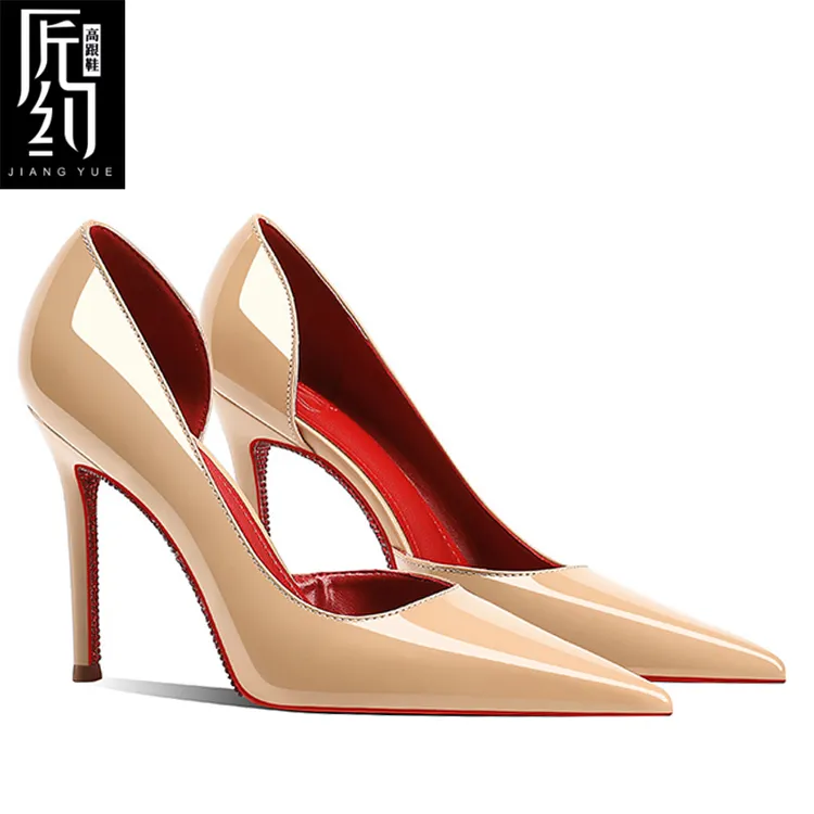 2024秋冬新款水钻红底裸色温柔性感百搭反差感侧空尖头细跟高跟鞋