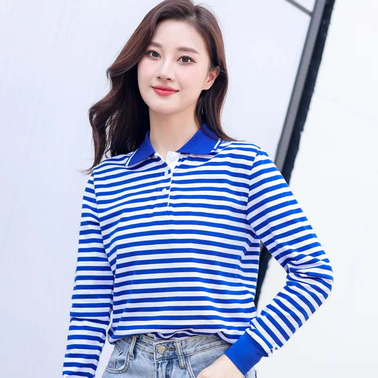 海魂衫女士翻领长袖T恤蓝色条纹Polo衫商务休闲上衣有领子工作服