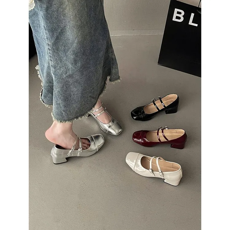 法式小香风方头粗跟2024夏季新款女外穿浅口一字扣带时尚舒适单鞋