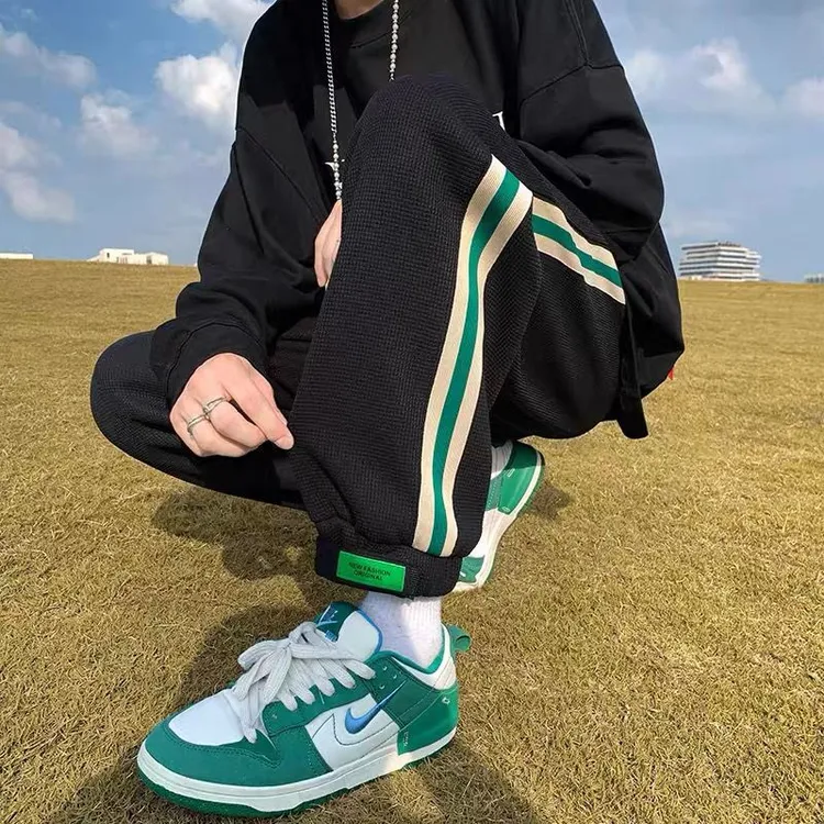 华夫格裤子男春秋季织带魔术贴束脚卫裤美式街头风休闲运动长裤