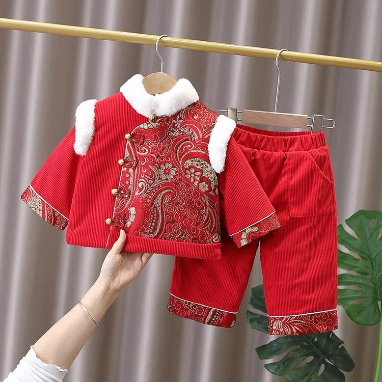 儿童拜年服男童套装喜庆新年唐装宝宝女童汉服冬季加绒加厚抓周服