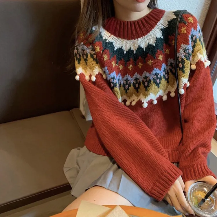 复古重工红色费尔岛圣诞毛衣女冬季宽松慵懒风针织衫软糯上衣加厚