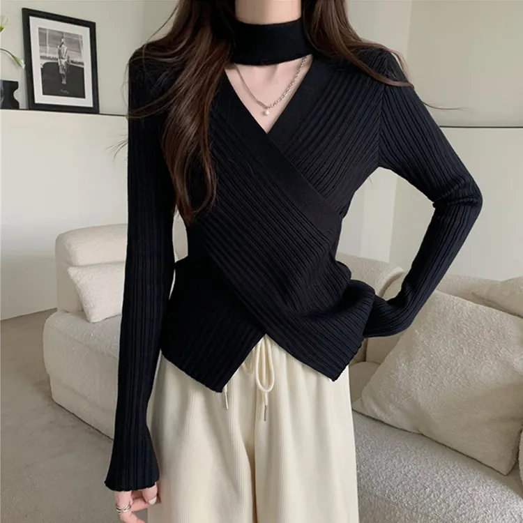 挂脖镂空针织打底衫女春季不规则内搭毛衣交叉设计小众v领针织衫