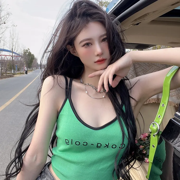 绿色针织吊带背心美背女夏季辣妹性感内搭打底衫纯欲短款上衣外穿