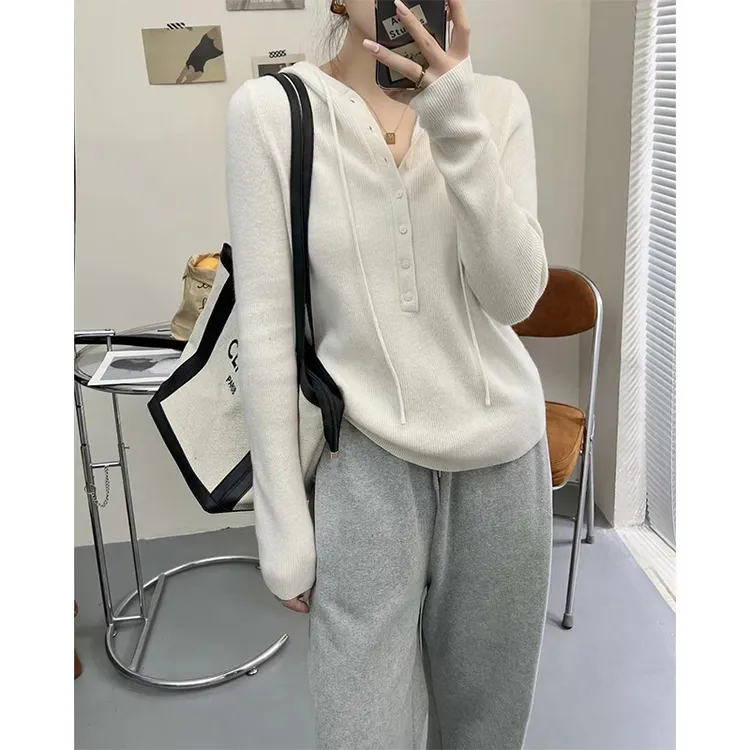 白色连帽打底衫套头针织衫2025春季设计感帽衫卫衣大衣内搭上衣女