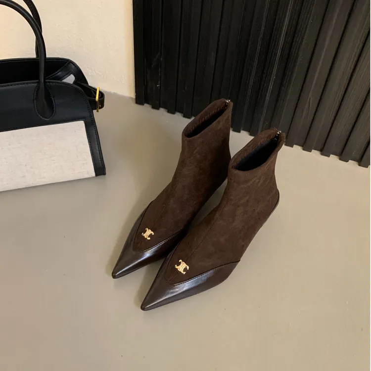 小香风女靴尖头细跟小短靴2024年秋冬新款法式复古绒面气质瘦瘦靴