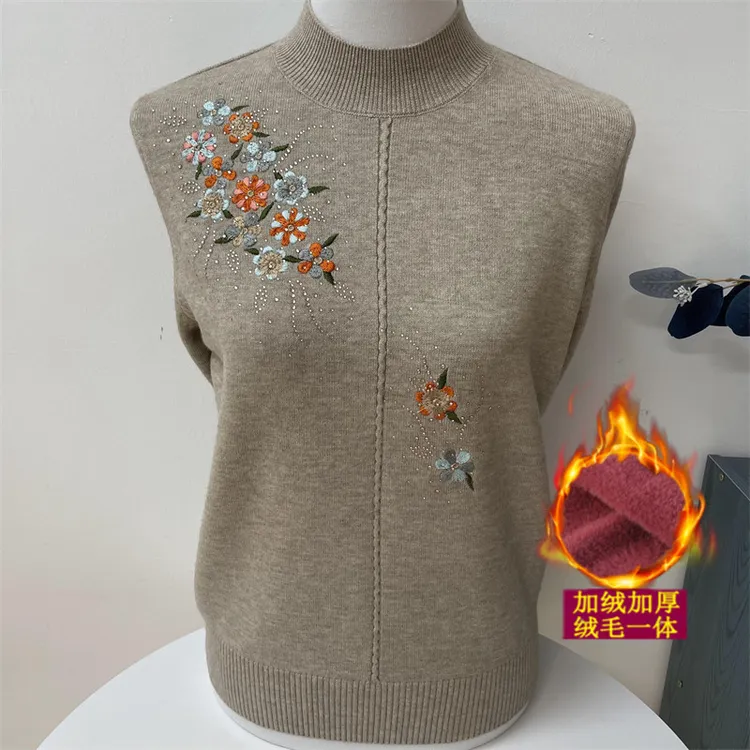 洋气妈妈装秋冬加绒羊毛衫大码中老年人女装半高领针织毛衣打底衫