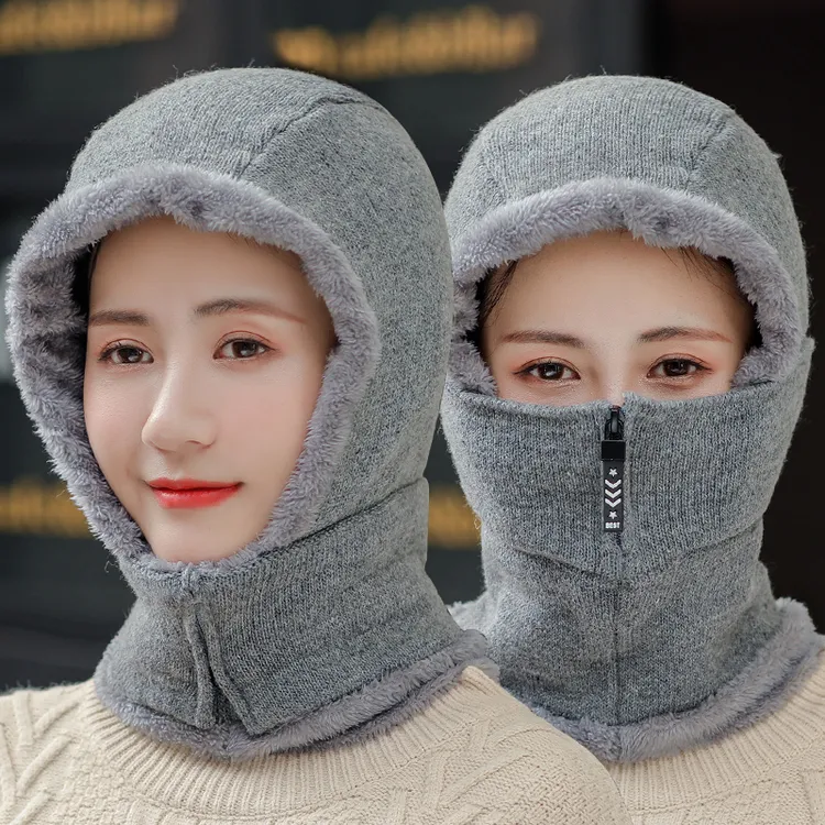帽子女冬天加绒加厚保暖骑车防风防寒护耳针织毛线帽秋冬季一体帽