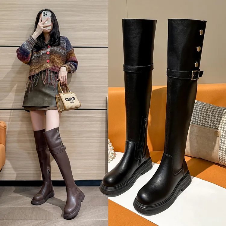  厚底过膝长靴腿粗胖mm骑士靴大筒围高筒秋冬大码女靴41-43