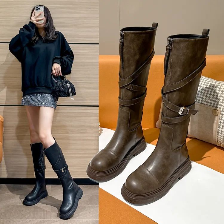美拉德胖MM大筒围长筒靴子秋冬款2024新款绑带女高筒骑士靴