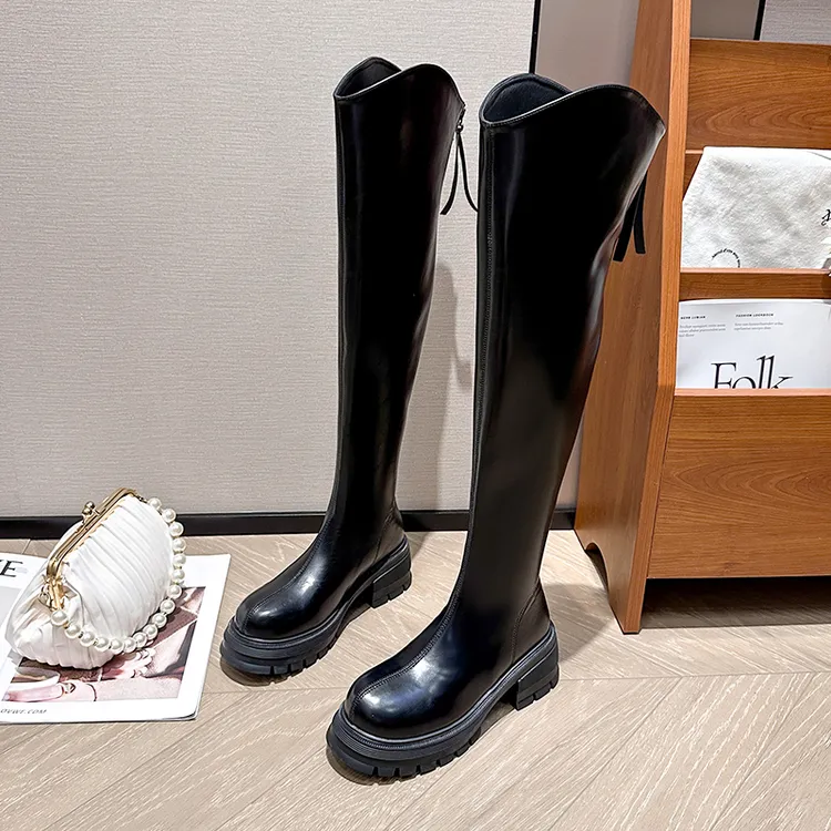 V口过膝靴长靴厚底长筒靴新款女靴洋气爆款百搭高筒靴显瘦秋冬季