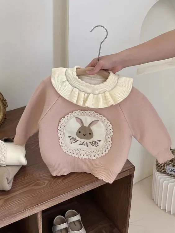 韩系女童冬季加绒毛衣2024女宝宝加厚圆领套头针织衫一体绒打底衫