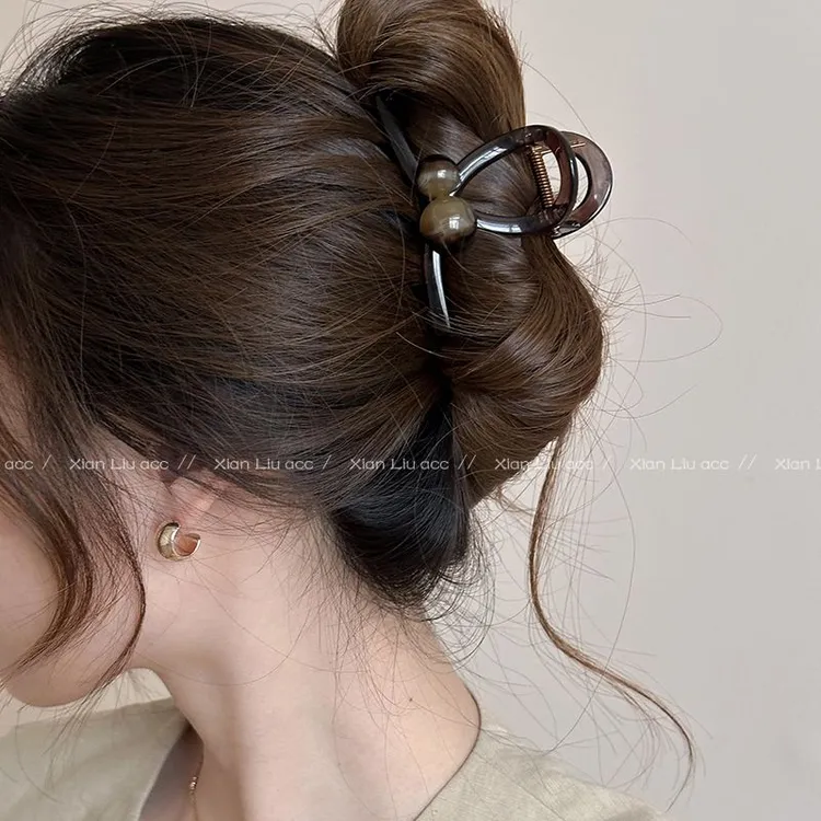 咖色圆珠大号头发抓夹女2024新款高级感后脑勺发夹气质鲨鱼夹发饰