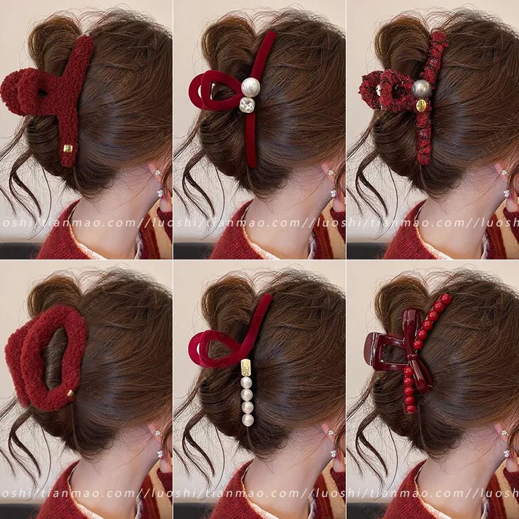 秋冬新年红色抓夹女2025新款高级感盘发夹后脑勺鲨鱼夹子发卡头饰