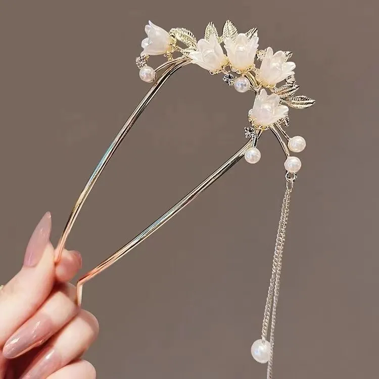 超仙铃兰花流苏U型发簪女高级感盘发簪子步摇古风发钗子旗袍头饰