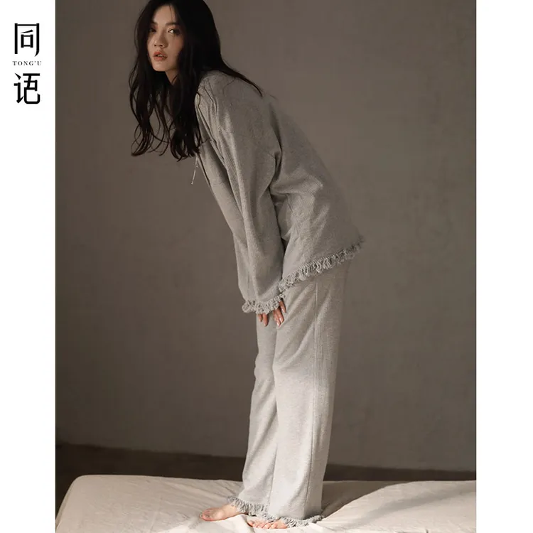 同语睡衣女春秋季长袖针织棉两件套装女士时尚可外穿新款家居服
