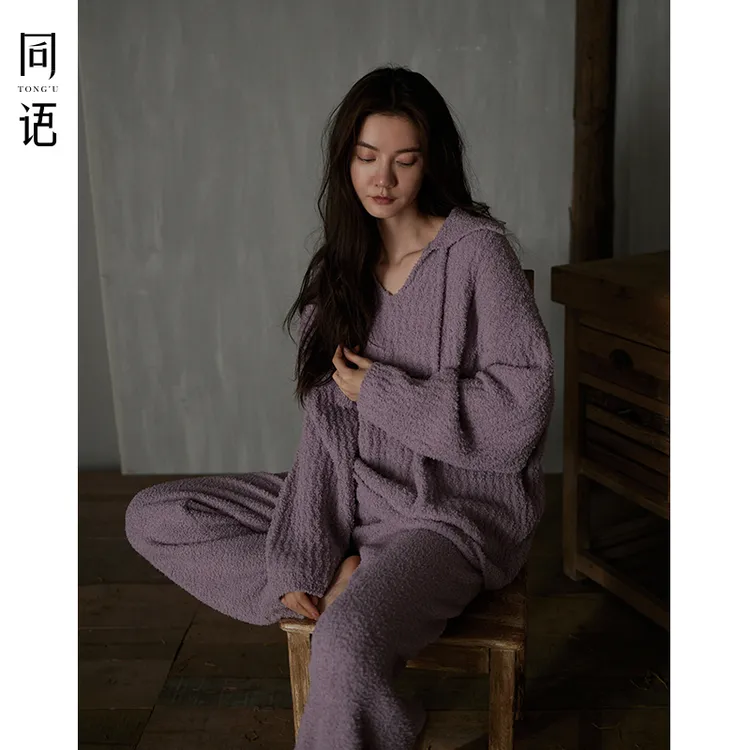同语2025年新款睡衣女士秋冬季半边绒软绵绵长袖家居服珊瑚绒套装