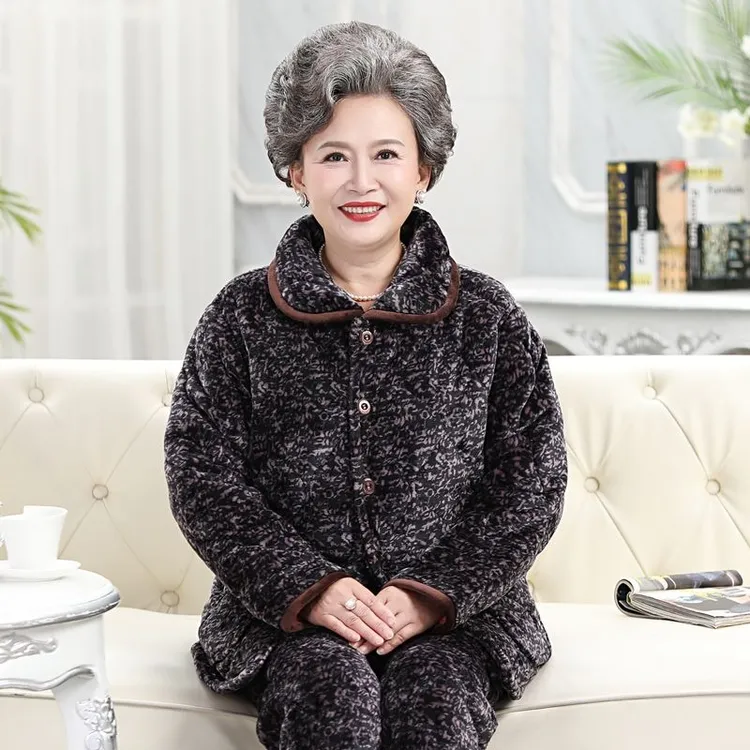 中老年睡衣女套装加绒加厚保暖三层夹棉外出穿棉袄套装家居服棉衣